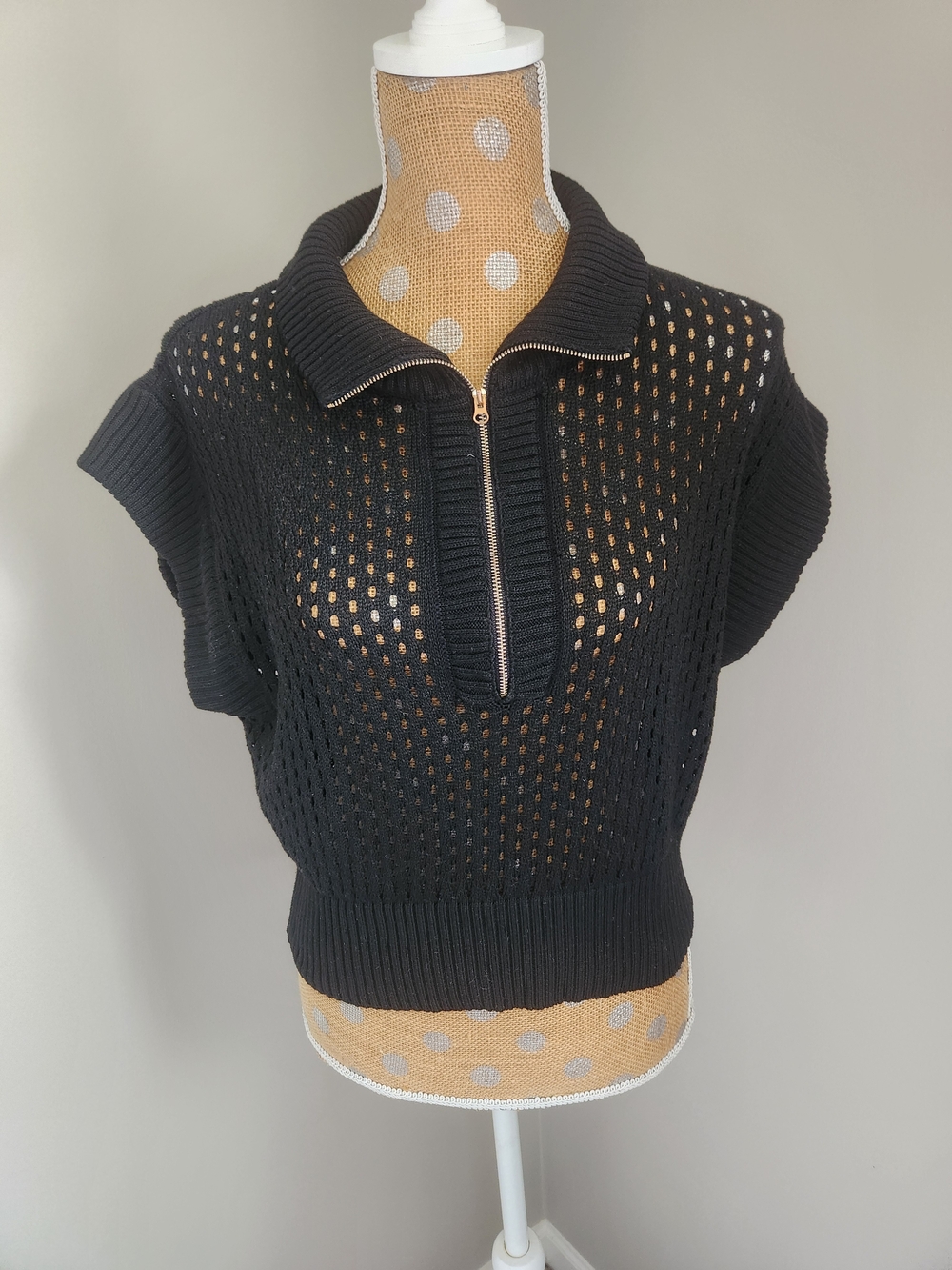 Amazon Black Short-Sleeve Open-Knit Zip Polo Top